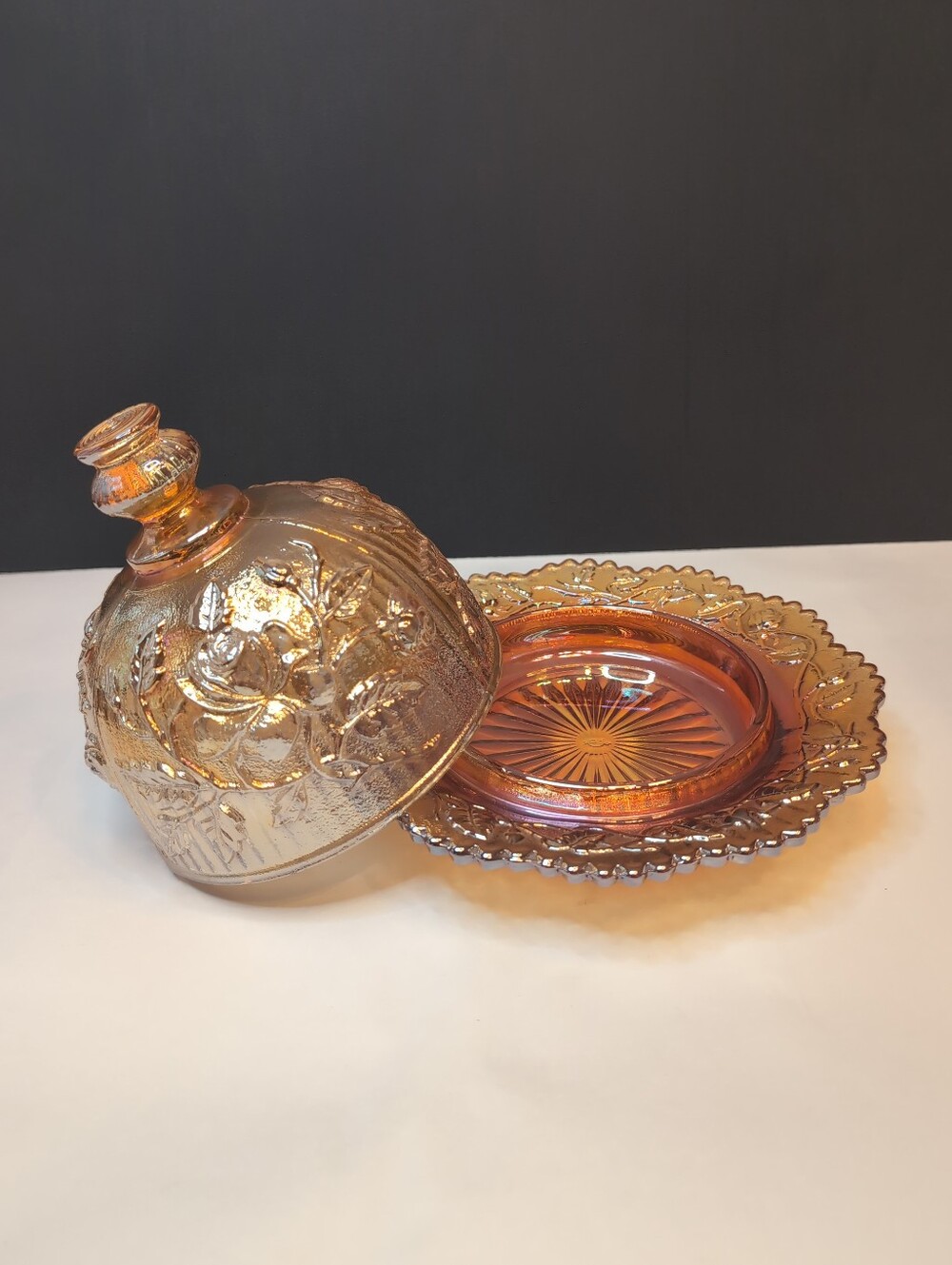 Vintage Imperial Glass Marigold Carnival Glass Covered Butter Dish